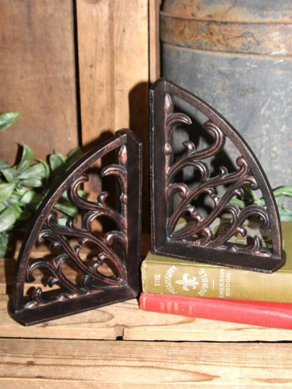 Ornate Old World French Country Copper & Oiled Bronze Cast Iron Corbel Bookends